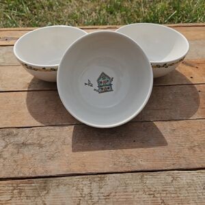 Set of 3 Thomson Pottery Birdhouse Soup Bowls , Cottagecore Country Vintage